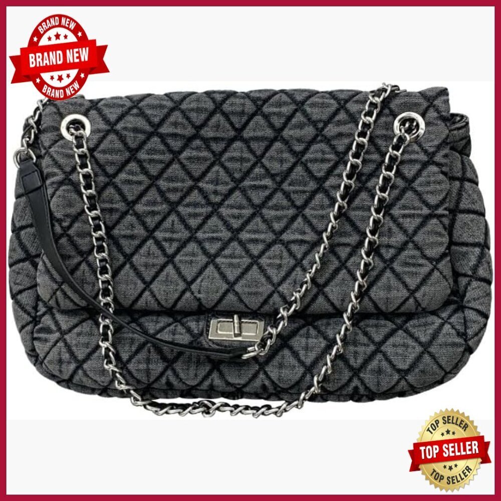 Large Denim Tote Bag with Chain Strap, Multi-Pocket Hobo for Daily Use